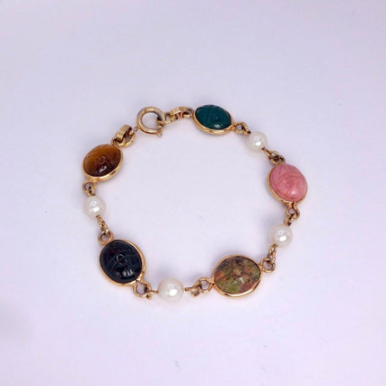 Vintage Gemstone Scarab Bracelet Gold Filled Egyptian Revival
