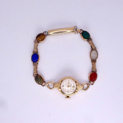 Vintage Gemstone Scarab Bracelet Watch Gold Filled Egyptian Revival