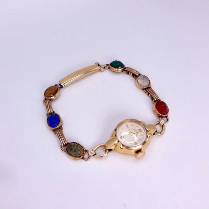 Vintage Gemstone Scarab Bracelet Watch Gold Filled Egyptian Revival