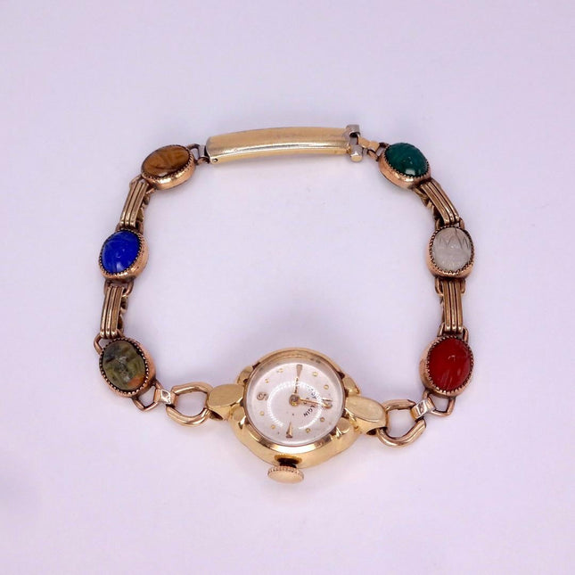Vintage Gemstone Scarab Bracelet Watch Gold Filled Egyptian Revival