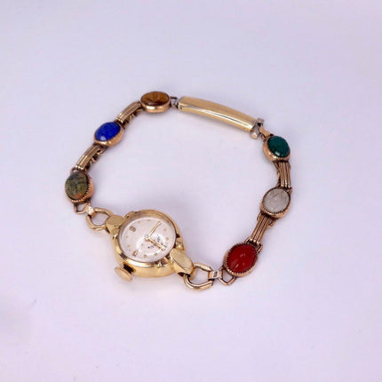 Vintage Gemstone Scarab Bracelet Watch Gold Filled Egyptian Revival