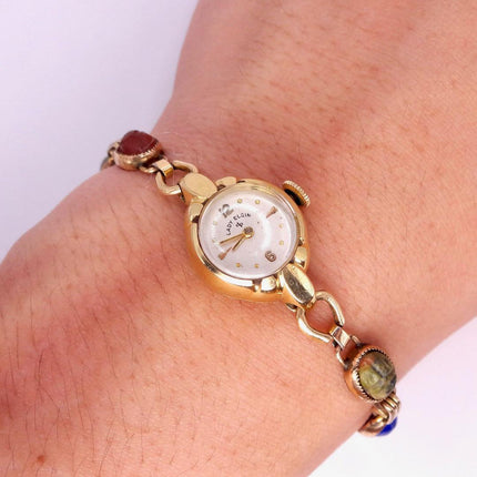 Vintage Gemstone Scarab Bracelet Watch Gold Filled Egyptian Revival