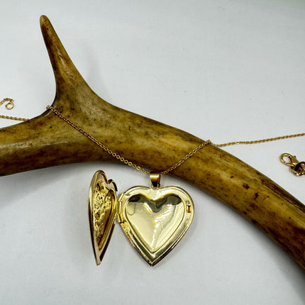 Vintage Heart Locket Necklace: Etched Gold Filled Charm