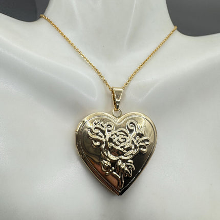 Vintage Heart Locket Necklace: Etched Gold Filled Charm