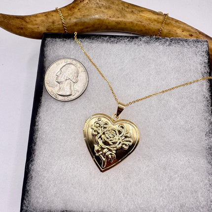 Vintage Heart Locket Necklace: Etched Gold Filled Charm