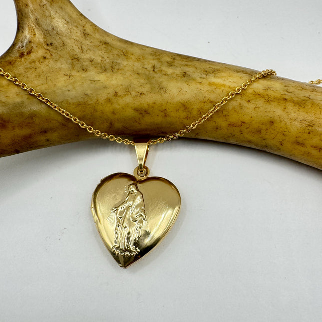Vintage Sacred Heart Locket Necklace: Etched Gold Filled Christian Religious Charm