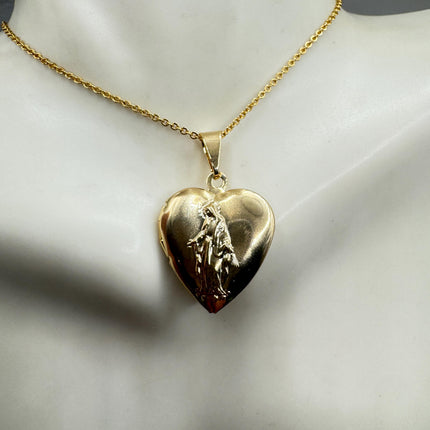 Vintage Sacred Heart Locket Necklace: Etched Gold Filled Christian Religious Charm