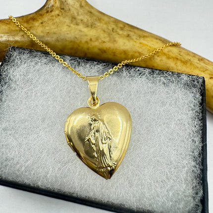 Vintage Sacred Heart Locket Necklace: Etched Gold Filled Christian Religious Charm