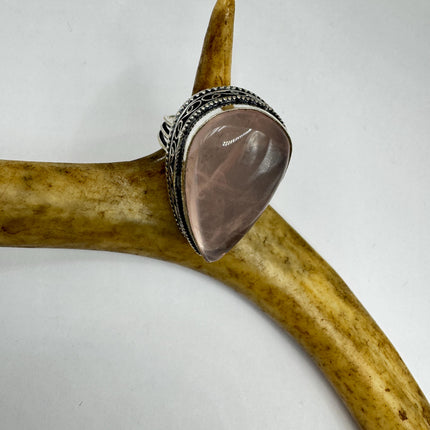 Vintage Rose Quartz Ring: Silver Bronze Boho Statement Ring