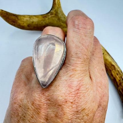 Vintage Rose Quartz Ring: Silver Bronze Boho Statement Ring