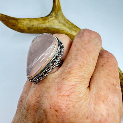 Vintage Rose Quartz Ring: Silver Bronze Boho Statement Ring