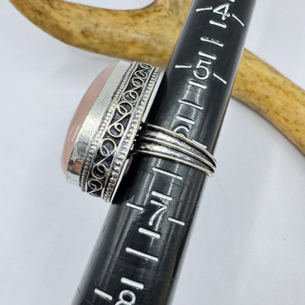Vintage Rose Quartz Ring: Silver Bronze Boho Statement Ring