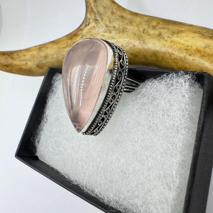 Vintage Rose Quartz Ring: Silver Bronze Boho Statement Ring