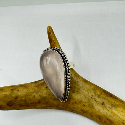 Vintage Rose Quartz Ring: Silver Bronze Boho Statement Ring