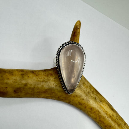 Vintage Rose Quartz Ring: Silver Bronze Boho Statement Ring