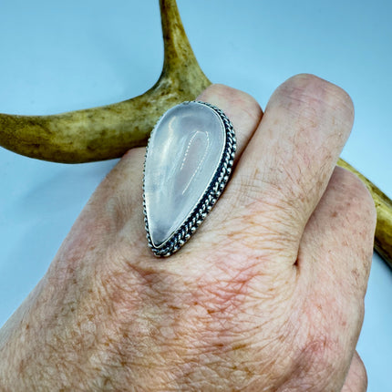 Vintage Rose Quartz Ring: Silver Bronze Boho Statement Ring