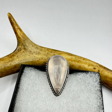 Vintage Rose Quartz Ring: Silver Bronze Boho Statement Ring