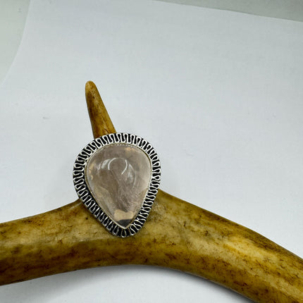 Vintage Rose Quartz Ring: Silver Bronze Boho Statement Ring