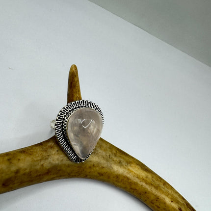 Vintage Rose Quartz Ring: Silver Bronze Boho Statement Ring