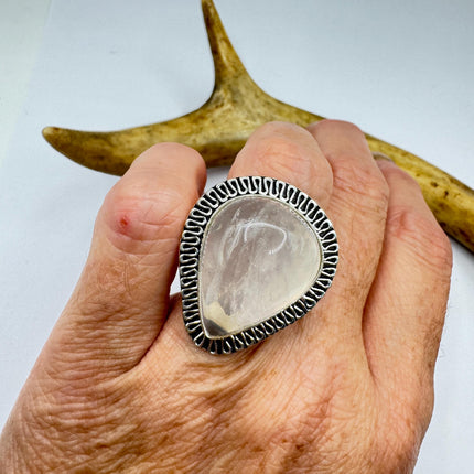 Vintage Rose Quartz Ring: Silver Bronze Boho Statement Ring