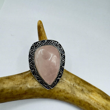 Vintage Rose Quartz Ring: Silver Bronze Boho Statement Ring