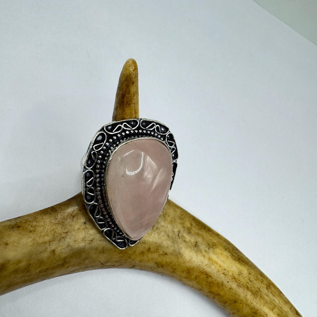 Vintage Rose Quartz Ring: Silver Bronze Boho Statement Ring