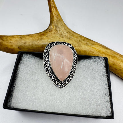 Vintage Rose Quartz Ring: Silver Bronze Boho Statement Ring