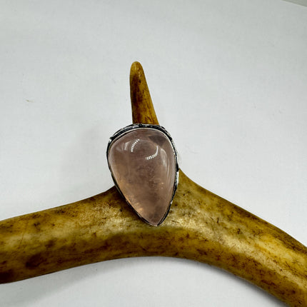 Vintage Rose Quartz Ring: Silver Bronze Boho Statement Ring