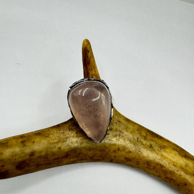 Vintage Rose Quartz Ring: Silver Bronze Boho Statement Ring