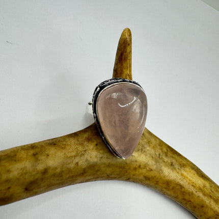 Vintage Rose Quartz Ring: Silver Bronze Boho Statement Ring