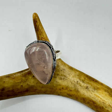 Vintage Rose Quartz Ring: Silver Bronze Boho Statement Ring