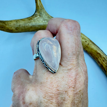 Vintage Rose Quartz Ring: Silver Bronze Boho Statement Ring
