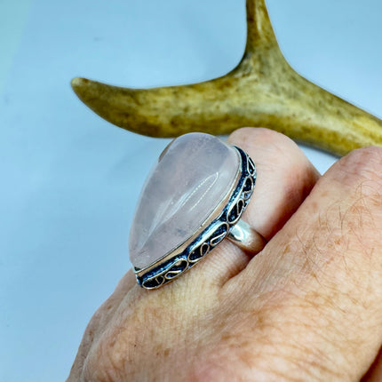 Vintage Rose Quartz Ring: Silver Bronze Boho Statement Ring