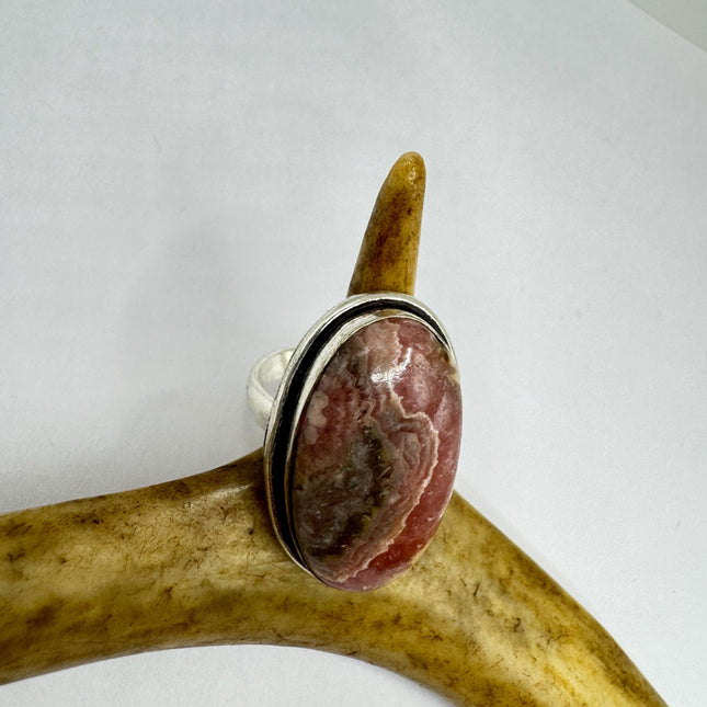 Vintage Silver Bronze Ring Pink Agate Statement Size 7.5