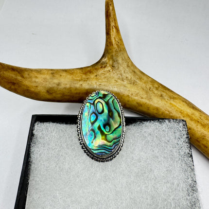 Vintage Abalone Statement Ring - White Bronze, Size 7