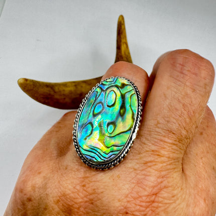 Vintage Abalone Statement Ring - White Bronze, Size 7