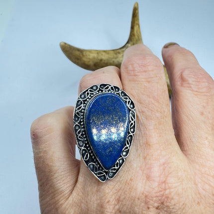 Vintage Boho Blue lapis lazuli Ring Band chunky cocktail ring