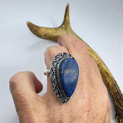 Vintage Boho Blue lapis lazuli Ring Band chunky cocktail ring