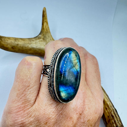 Vintage Chunky Rainbow Labradorite Cocktail Ring - Statement Band