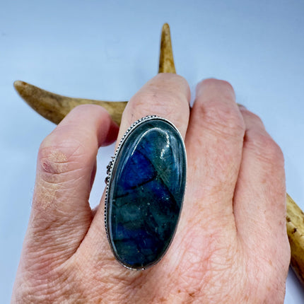 Vintage Chunky Rainbow Labradorite Cocktail Ring - Statement Band