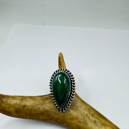 Vintage Silver Bronze Ring: Green Malachite Statement Jewelry
