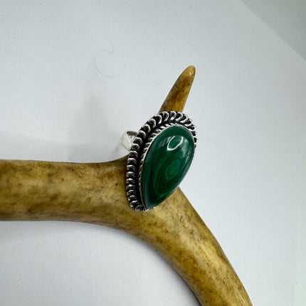 Vintage Silver Bronze Ring: Green Malachite Statement Jewelry