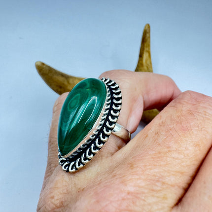 Vintage Silver Bronze Ring: Green Malachite Statement Jewelry