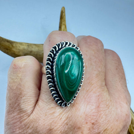 Vintage Silver Bronze Ring: Green Malachite Statement Jewelry