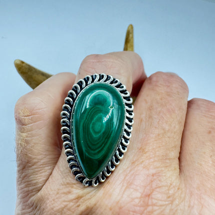 Vintage Silver Bronze Ring: Green Malachite Statement Jewelry