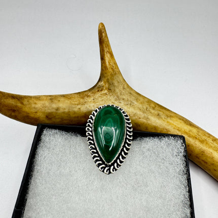 Vintage Silver Bronze Ring: Green Malachite Statement Jewelry