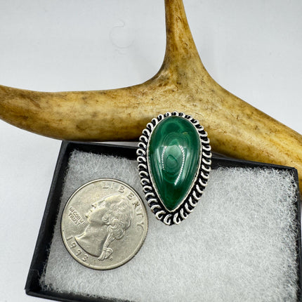 Vintage Silver Bronze Ring: Green Malachite Statement Jewelry