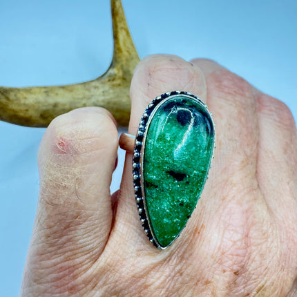 Vintage Green Ruby Zoisite Statement Jewelry Silver Bronze Ring