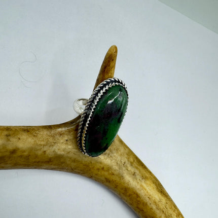 Vintage Green Ruby Zoisite Statement Jewelry Silver Bronze Ring