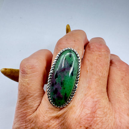 Vintage Green Ruby Zoisite Statement Jewelry Silver Bronze Ring